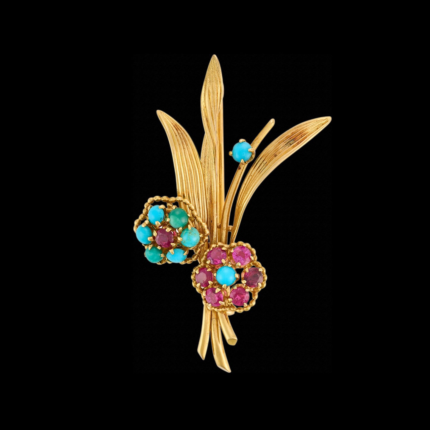Boucheron Turquoise and Ruby Flower Brooch
