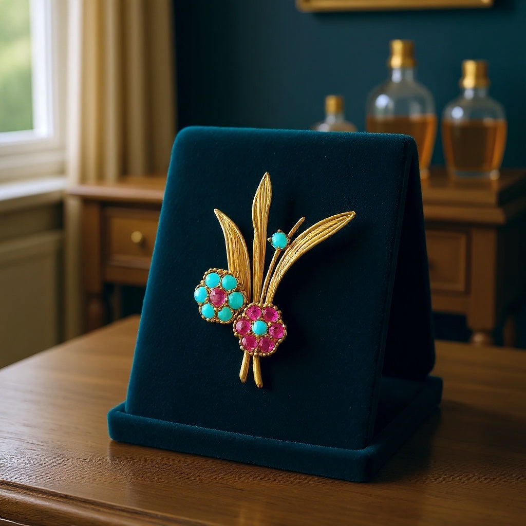 Boucheron Turquoise and Ruby Flower Brooch