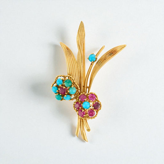 Boucheron Turquoise and Ruby Flower Brooch